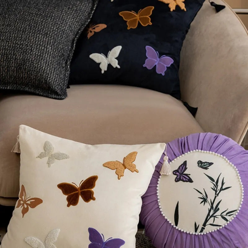 Square embroidered butterfly cushion with Chinese pattern in beige black purple colours
