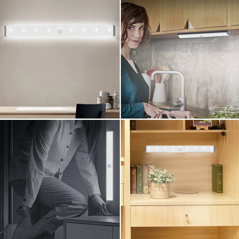 USB rechargeable LED closet light with motion sensor and magnetic strip mount.