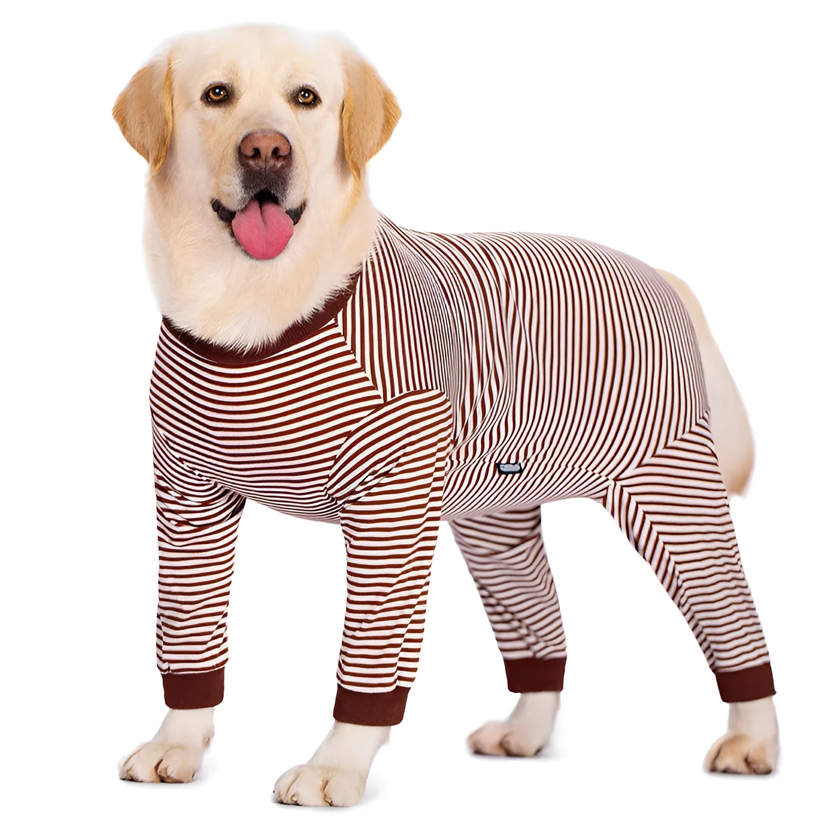 Striped four-legged dog shirt on a mannequin showing sky blue, black dark blue stripe, and brown colour options.