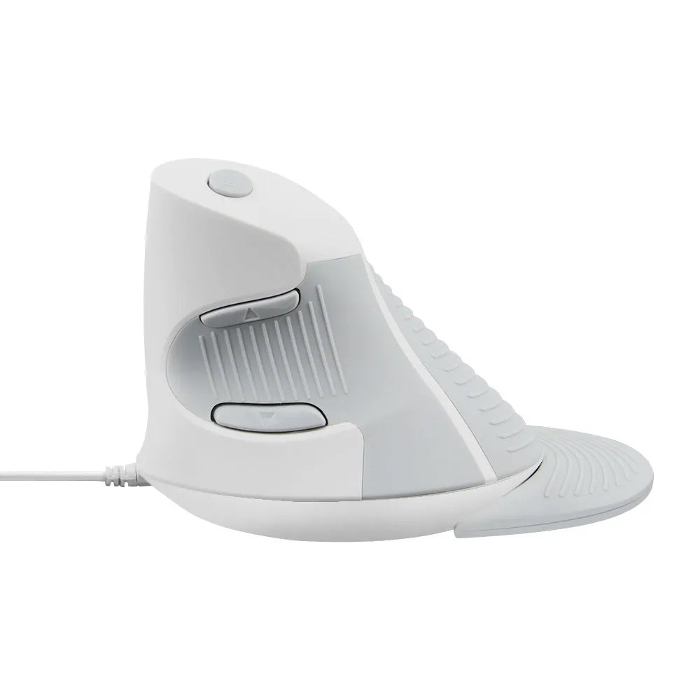 Ergonomic vertical optical mouse in black and white colours with wired USB connection