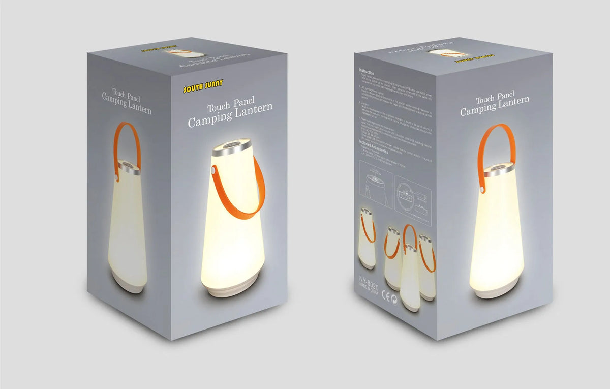White rechargeable LED bedside lamp with square base measuring 12cm, showing warm white illumination from six LED beads