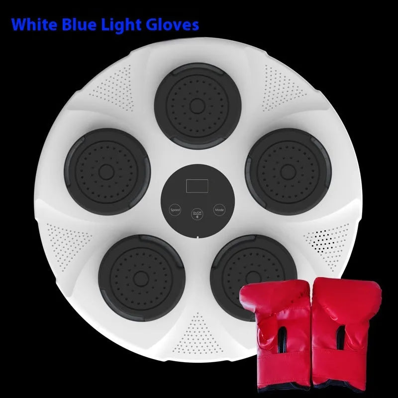 Smart wall-mounted boxing trainer with LED lights on ABS plastic housing, showing mounted position and striking target area.