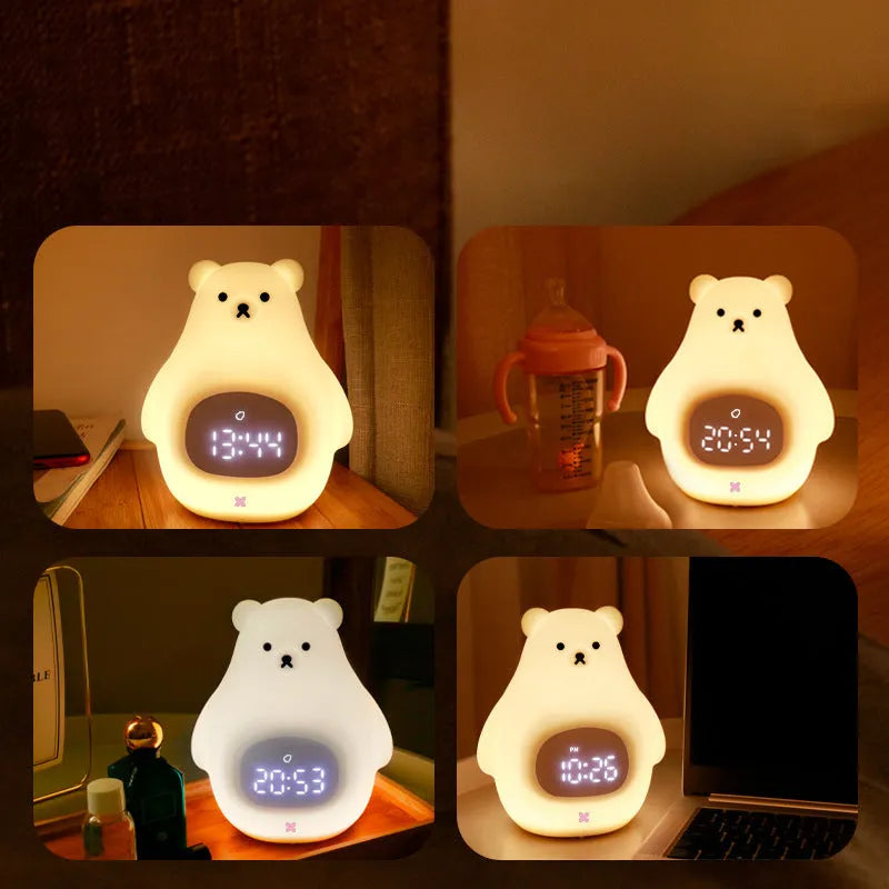 Big white bear shaped silicone night light with remote control on a table.