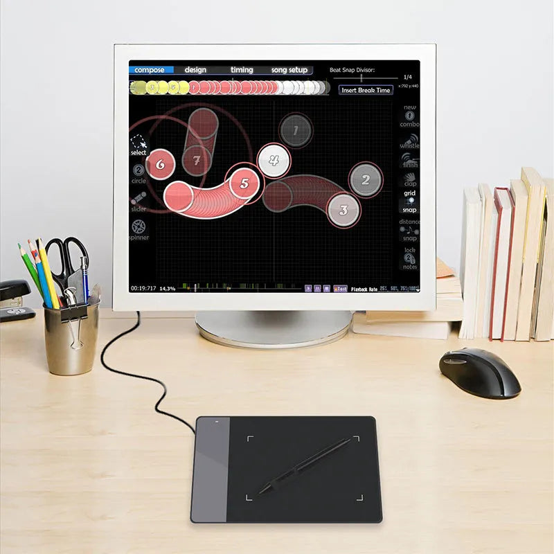 HUION 420 black electronic drawing board with USB connection, 4x2.23 inch work area, and 176 x 115 x 7.5mm body.