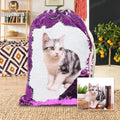 Custom purple sequin backpack with a dog's photo and personalised name on the front.