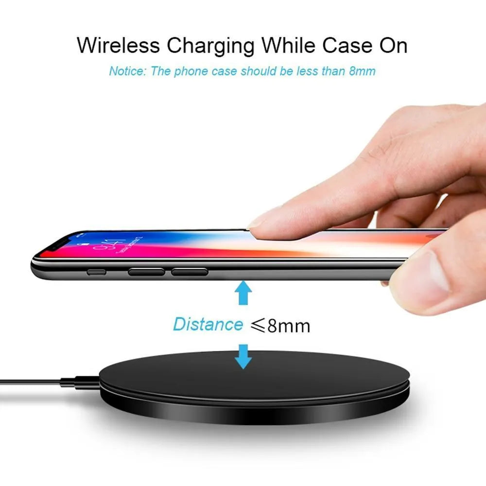 Black square wireless charging pad with ultra-thin profile and USB cable for fast 9V QI charging