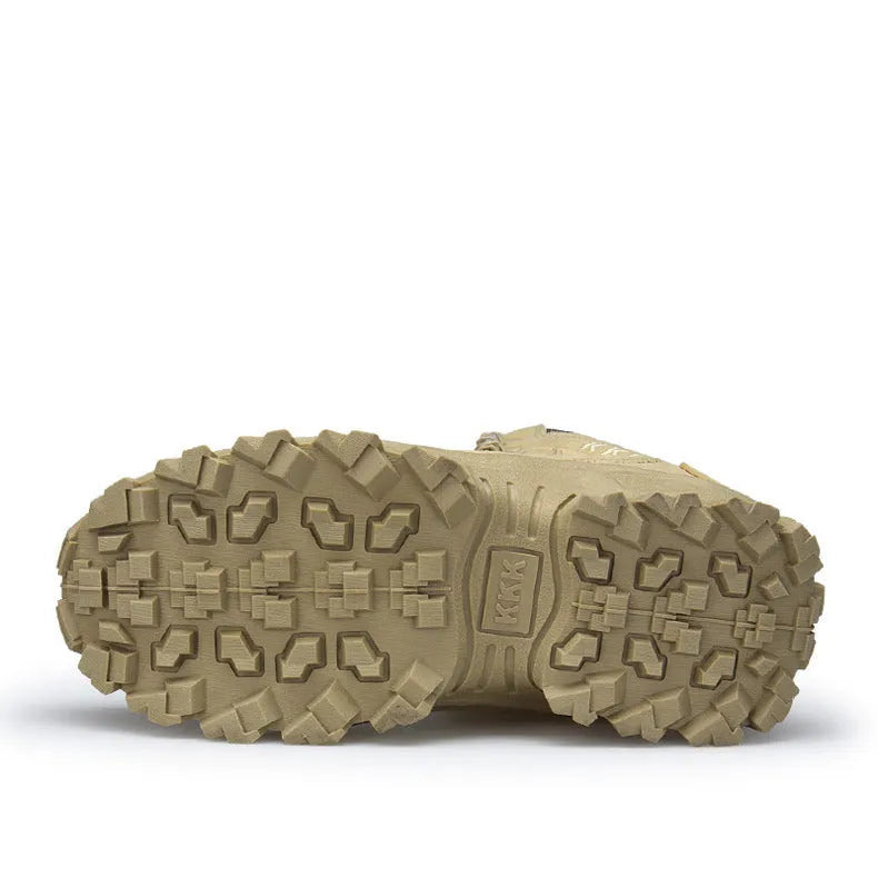 US Army Delta Tactical Boots in black and sand colours, showing leather and velvet upper with rubber sole.