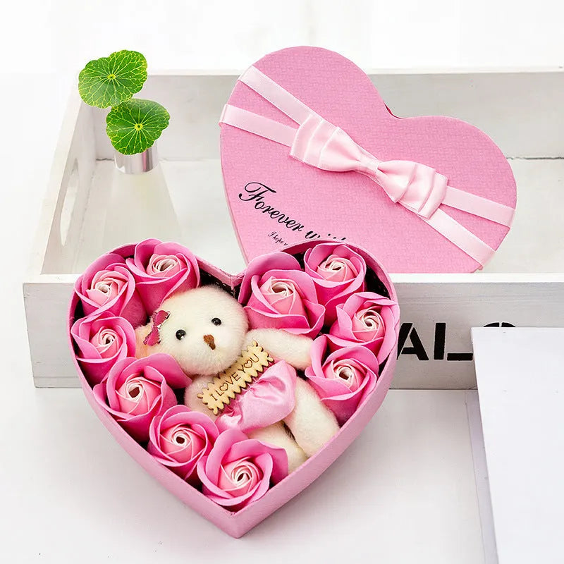 Handmade soap flower rose bouquet in a gift box, available in pink or red