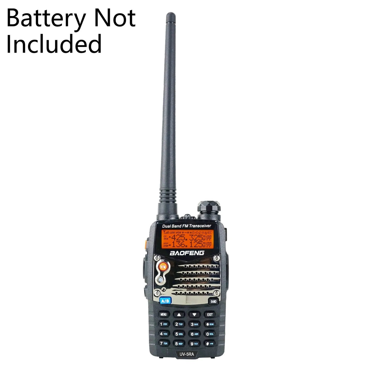 Baofeng UV-5RA handheld dual-band two-way radio with LCD screen and antenna.