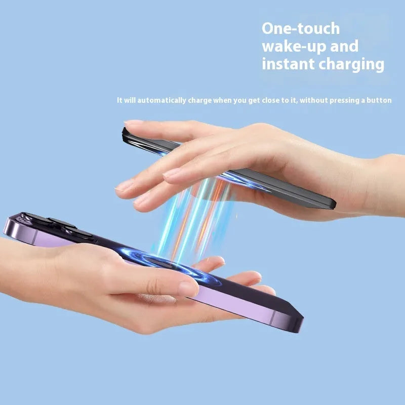 Ultra-thin black magnetic power bank showing 9mm side profile and rectangular 105x66mm shape