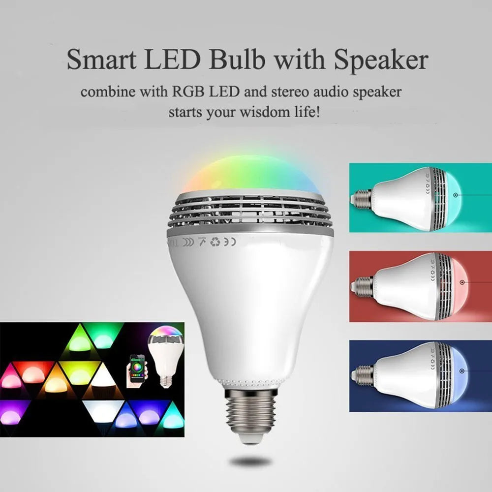 Smart LED E27 bulb with integrated Bluetooth speaker showing RGB lighting effects