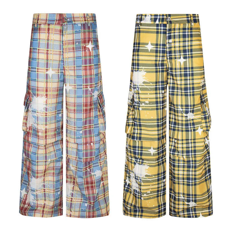 Men's blue and yellow plaid straight leg trousers with retro styling