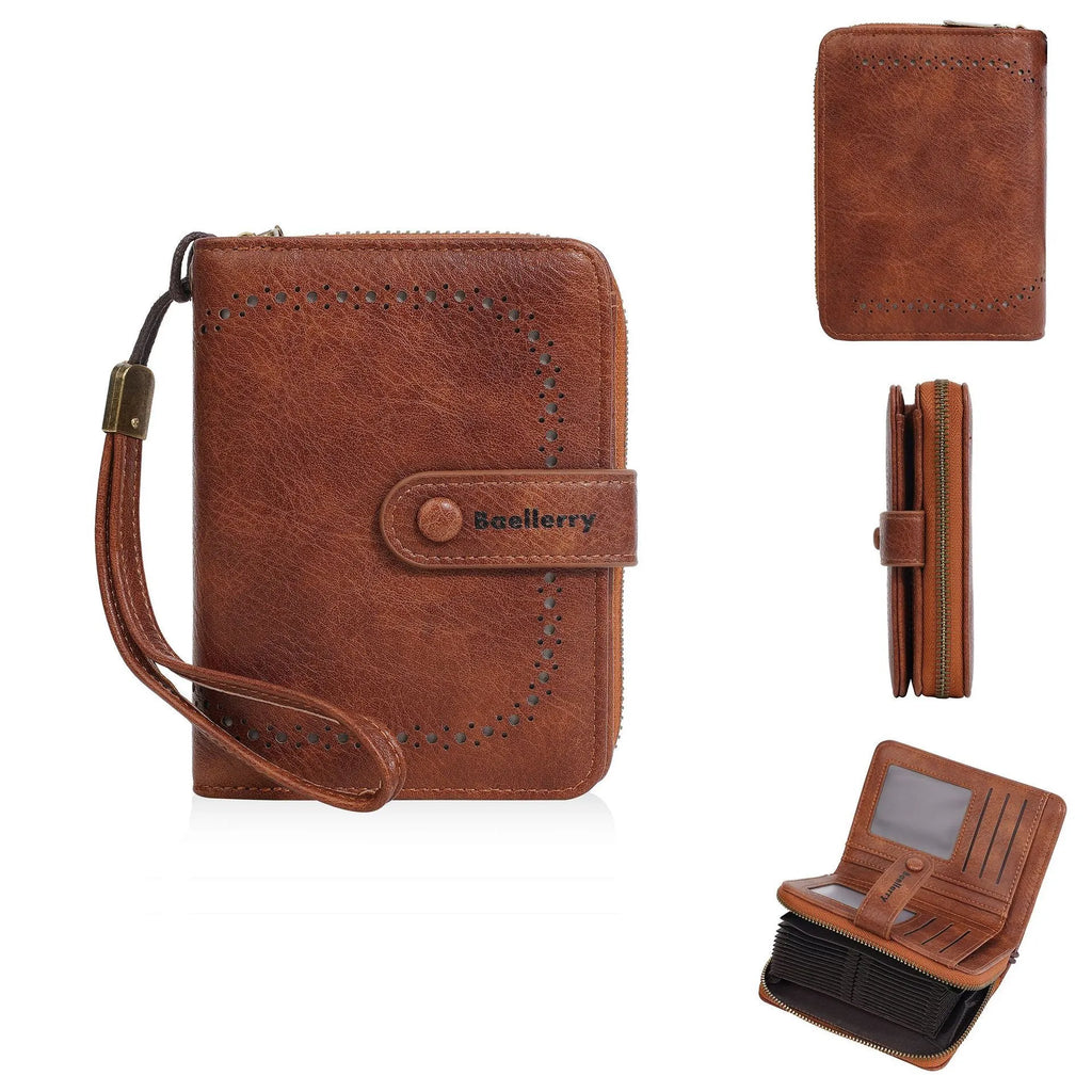 Women's black PU leather zip coin purse with integrated card slots lying open.