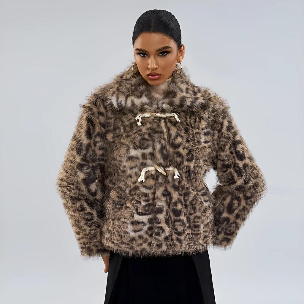 Women's leopard print buckle lapel coat in polyester with regular sleeves