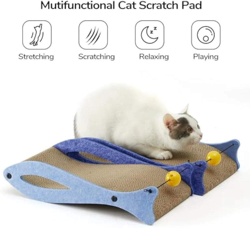 Blue fish-shaped cat scratcher cardboard lounge with bell toy and wavy surface for indoor cats