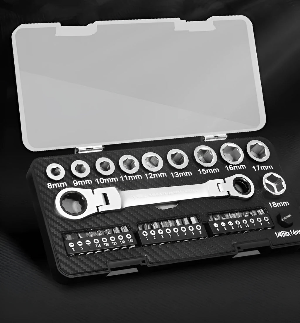 Dual-purpose ratchet wrench set with reversible handle, ten sockets, and three screwdriver bits laid out on a surface.