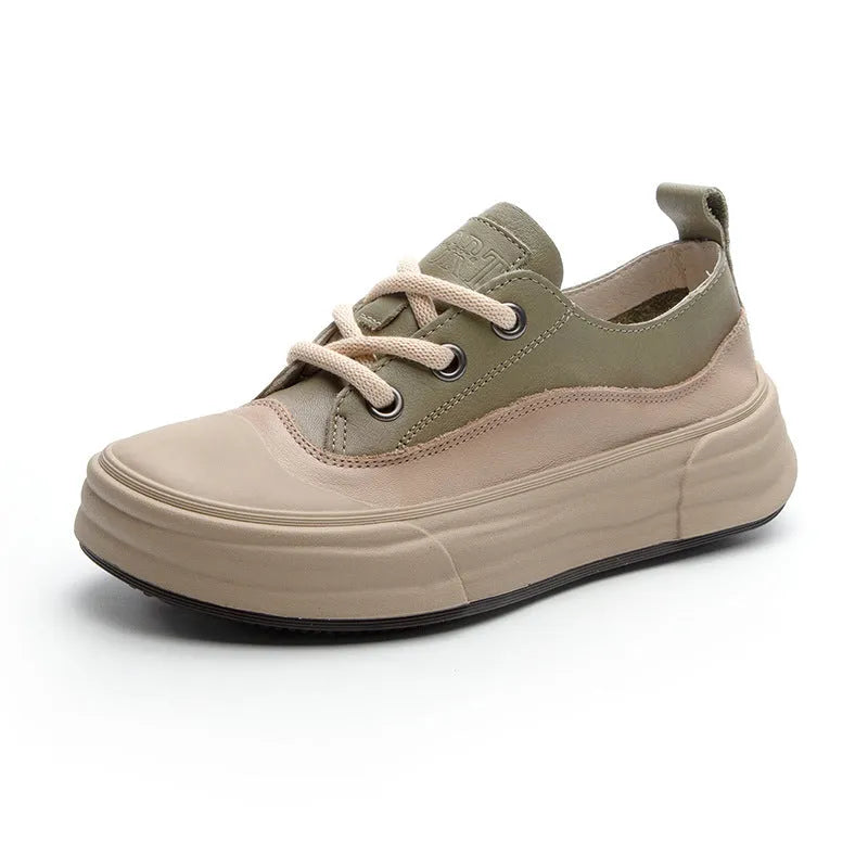 Women's matcha green leather platform sneakers with round toe and front laces on a white background.