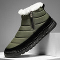 Men's green plus size snow boot with round toe, flat heel, and non-slip rubber sole.