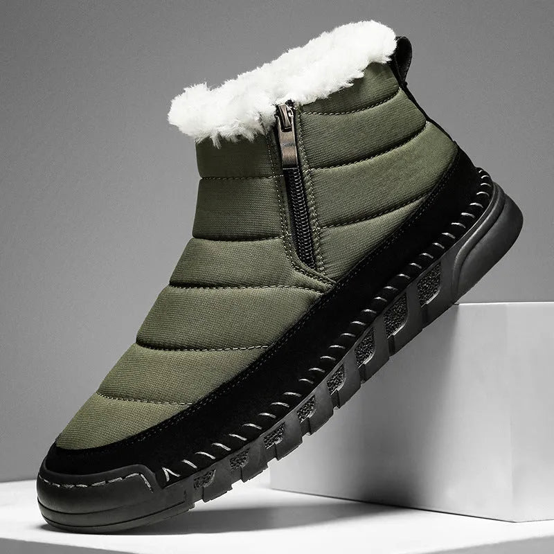 Men's green plus size snow boot with round toe, flat heel, and non-slip rubber sole.