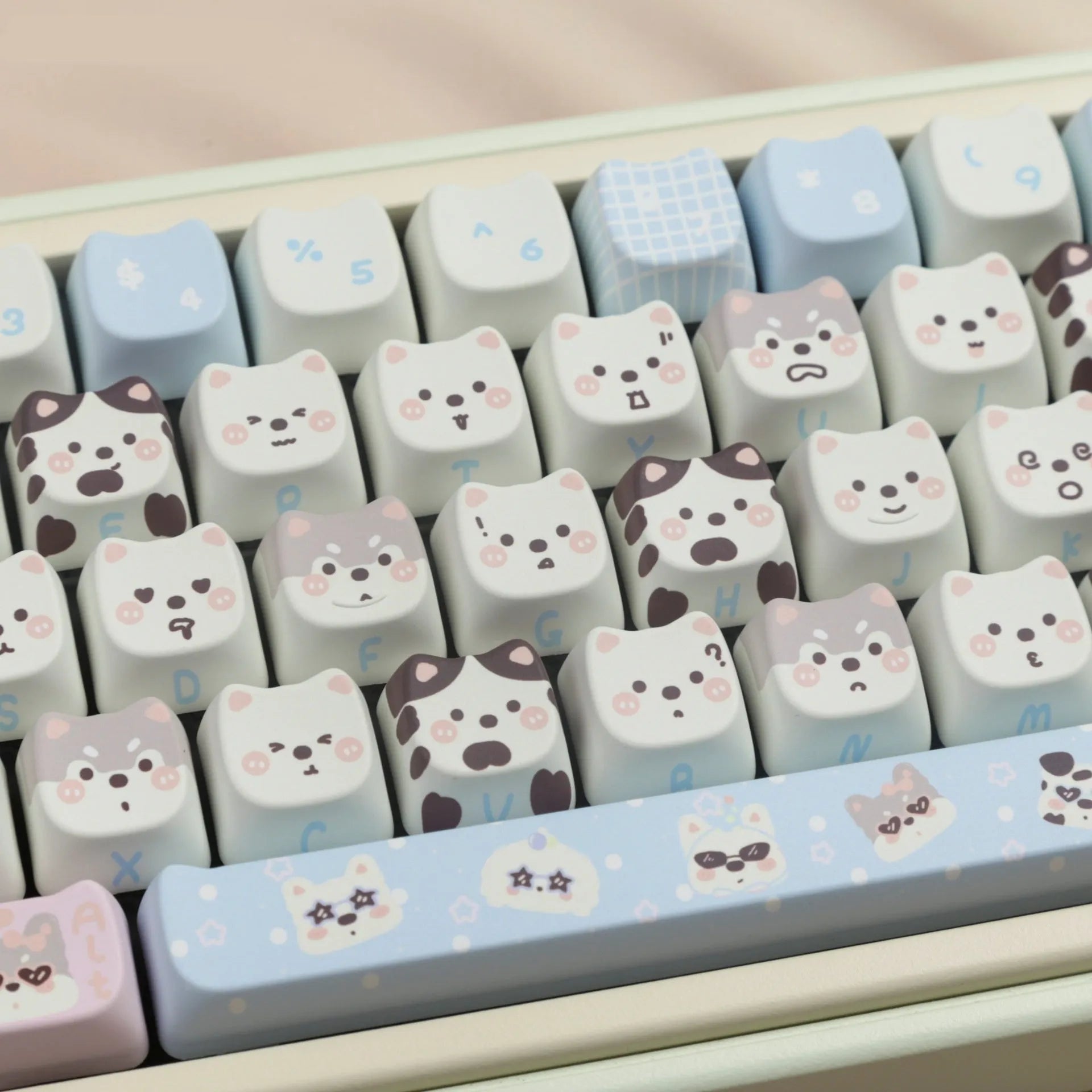 PBT sublimation keyboard key cap set with colourful puppy designs on every key