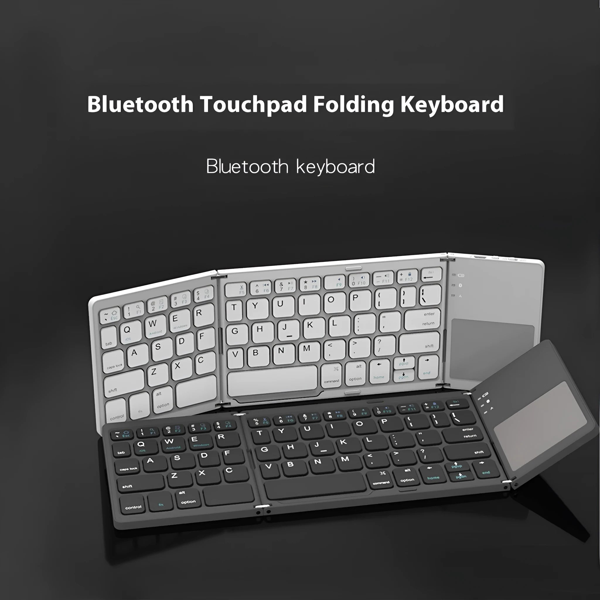 Portable tri-fold Bluetooth keyboard in black or silver with compact folded design