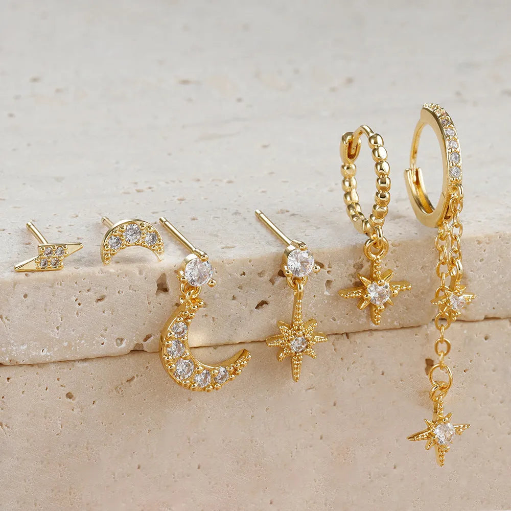 XINGX gold colour chain tassel earrings with zircon studs, six-piece jewellery set