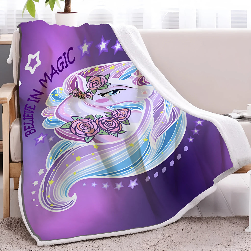 Purple unicorn Sherpa fleece blanket with hemmed edges, available in 130x150cm and 150x200cm