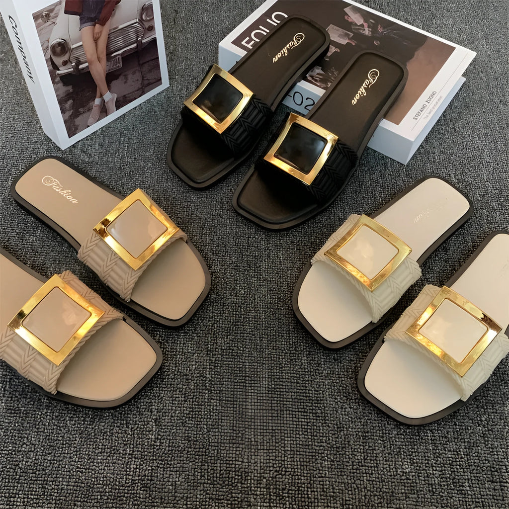 Women's apricot, black, and khaki flat summer slippers with a PVC sole.