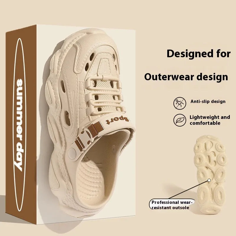 Men's khaki outdoor slippers showing hollow out breathable design and textured non-slip EVA sole.