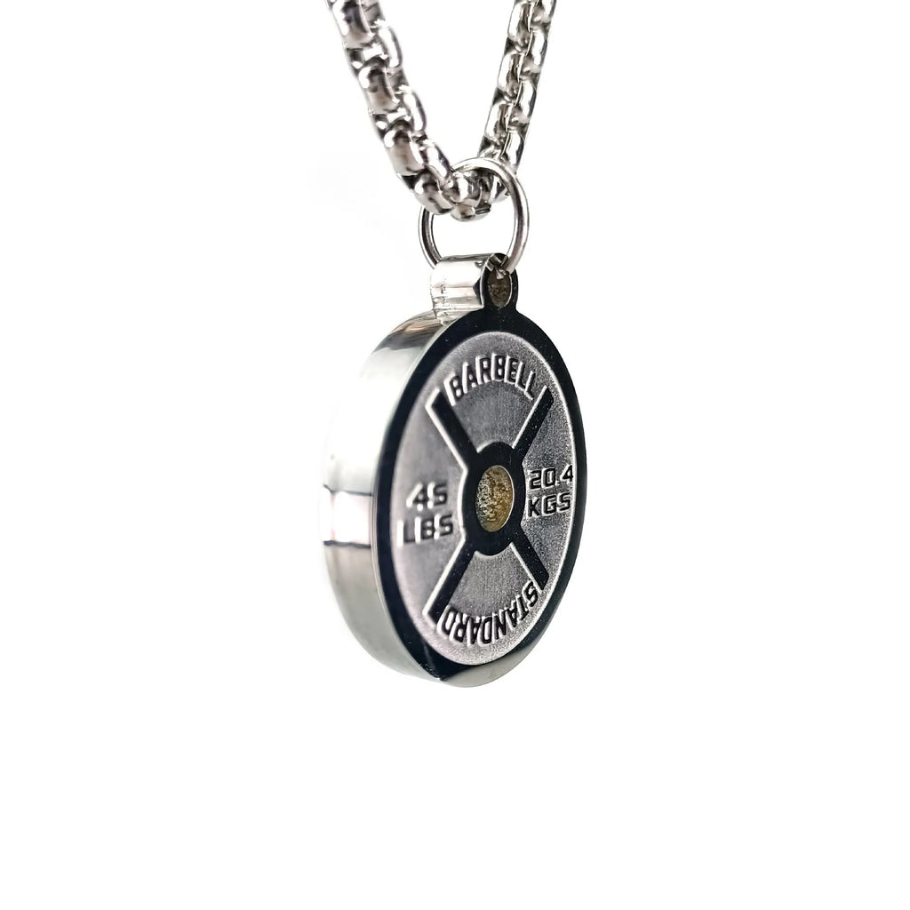 Stainless steel barbell disk pendant necklace with geometric design on 60cm chain
