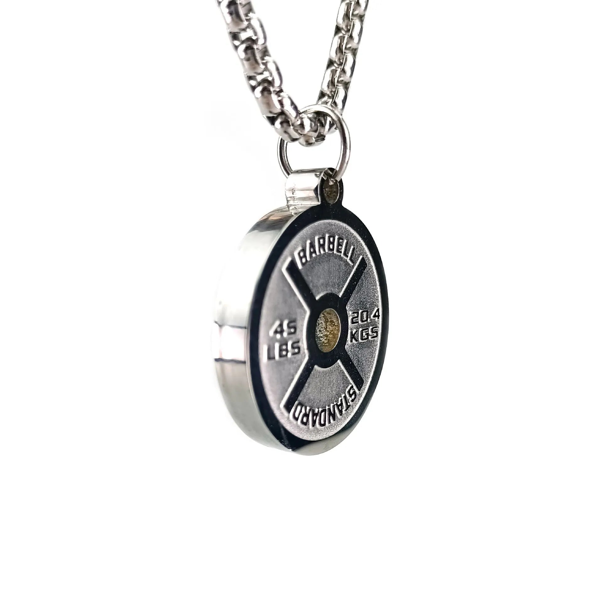 Stainless steel barbell disk pendant necklace with geometric design on 60cm chain