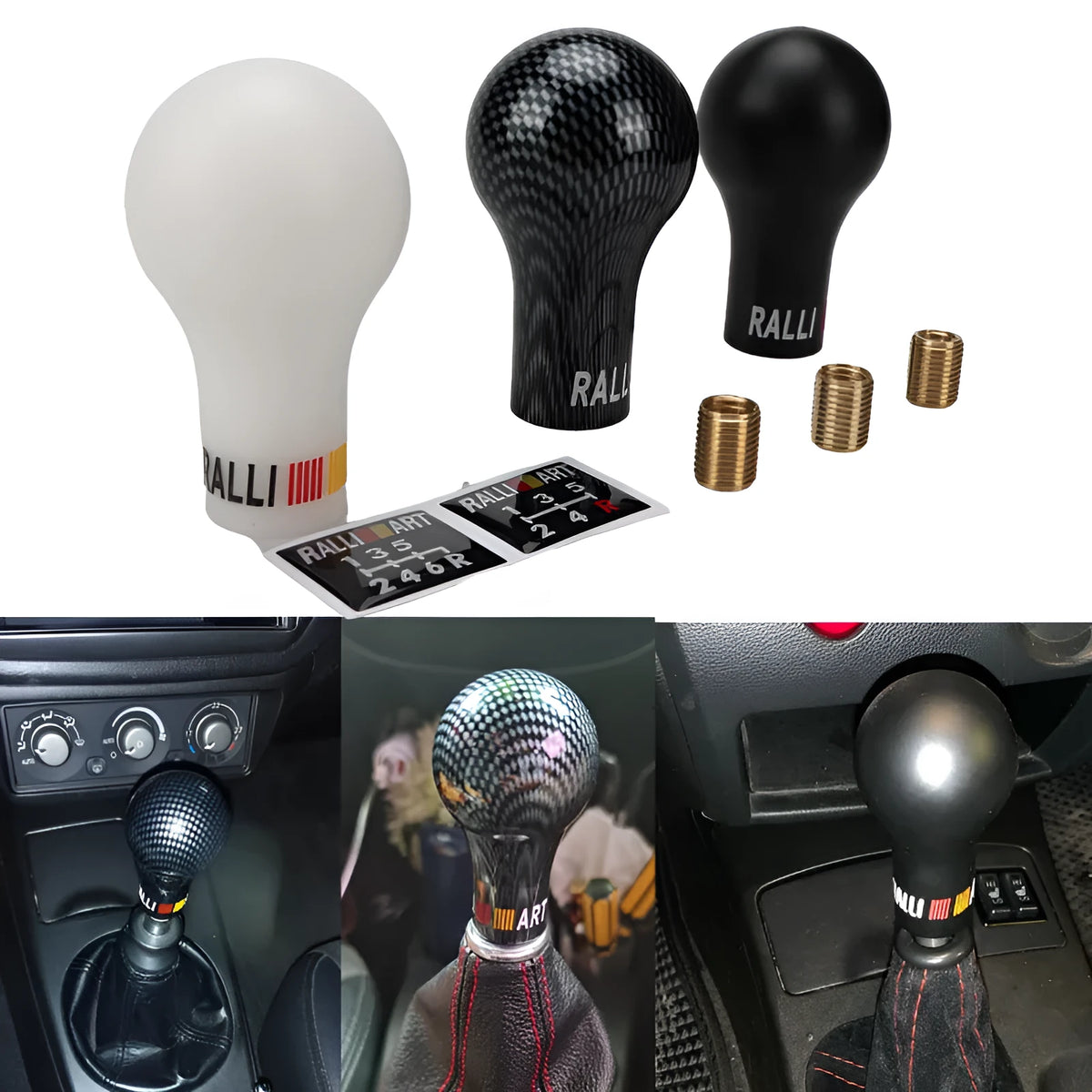 Mitsubishi car manual gear head in five colour options: white, black, carbon fibre, bright blue and luminous red