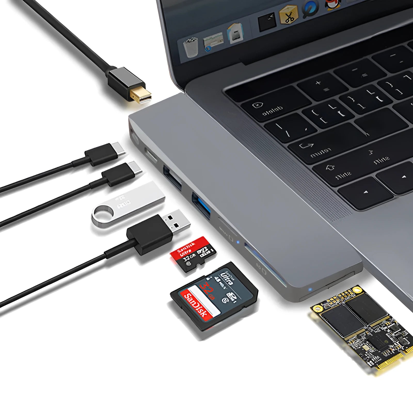 Space grey 8-in-1 USB-C hub for MacBook Pro with dual card readers and HDMI port