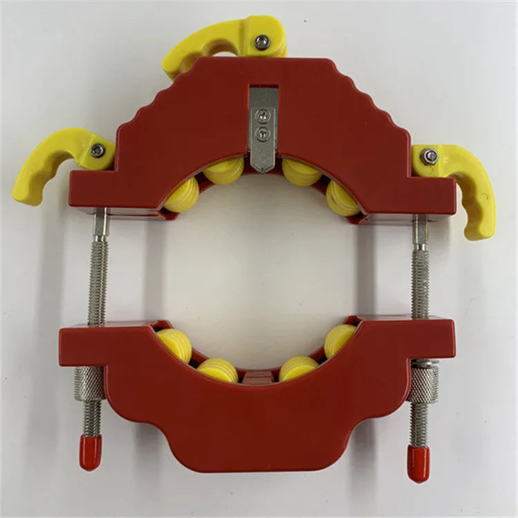 Yellow adjustable bottle cutting tool for glass bottles on a wooden table.