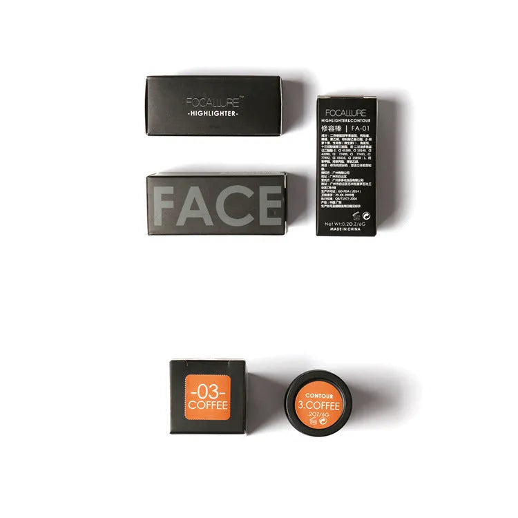 Cream contour and highlighter makeup stick for facial sculpting in shades A, B, C, D