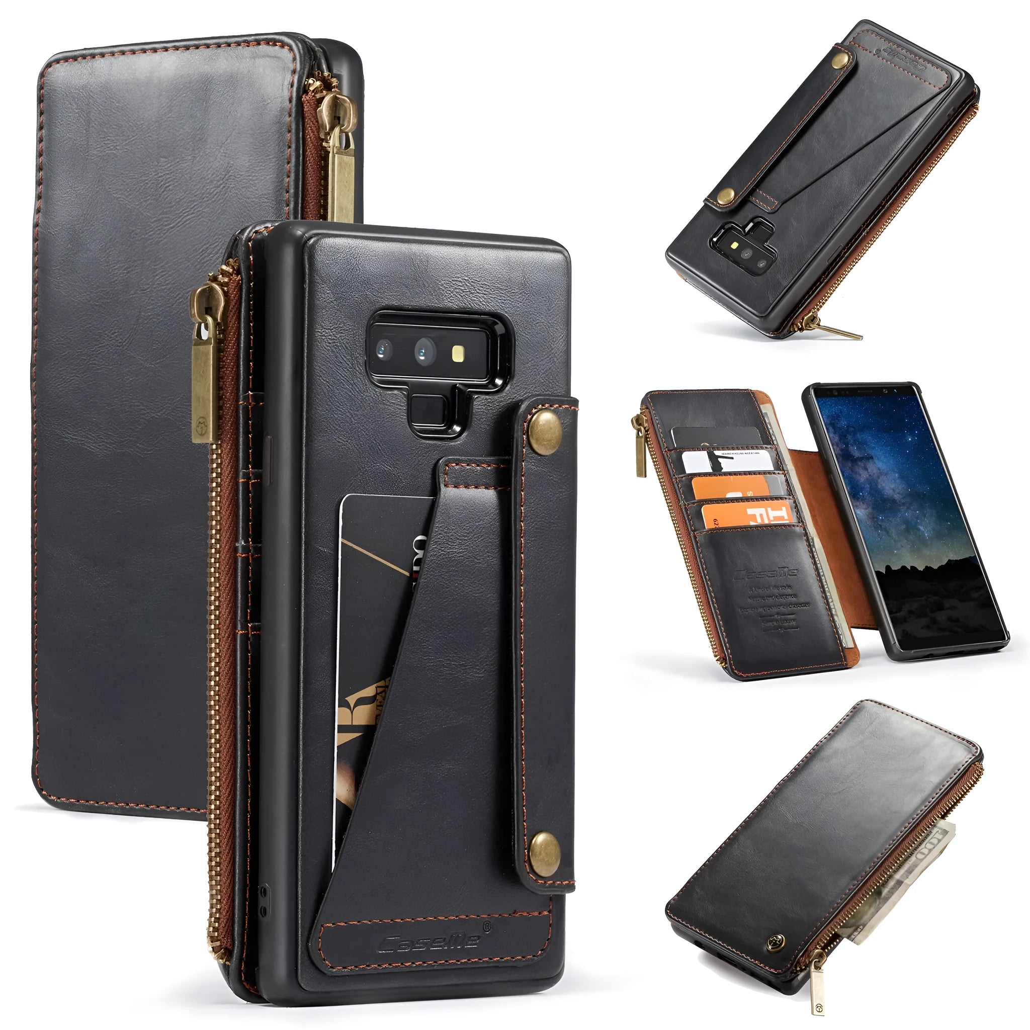 Samsung Note9 PU leather flip phone case in black, brown or red colour