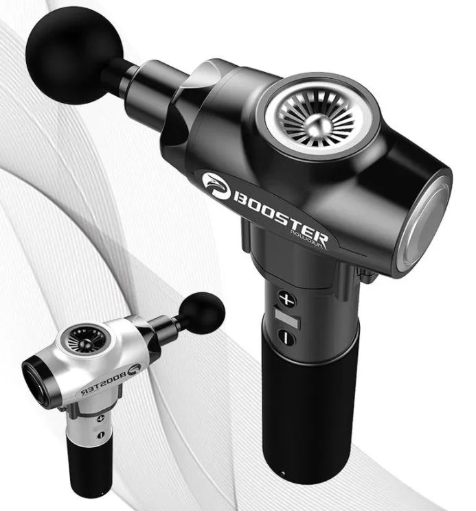 Black and white percussion muscle massager with adjustable speed control and 12mm stroke depth