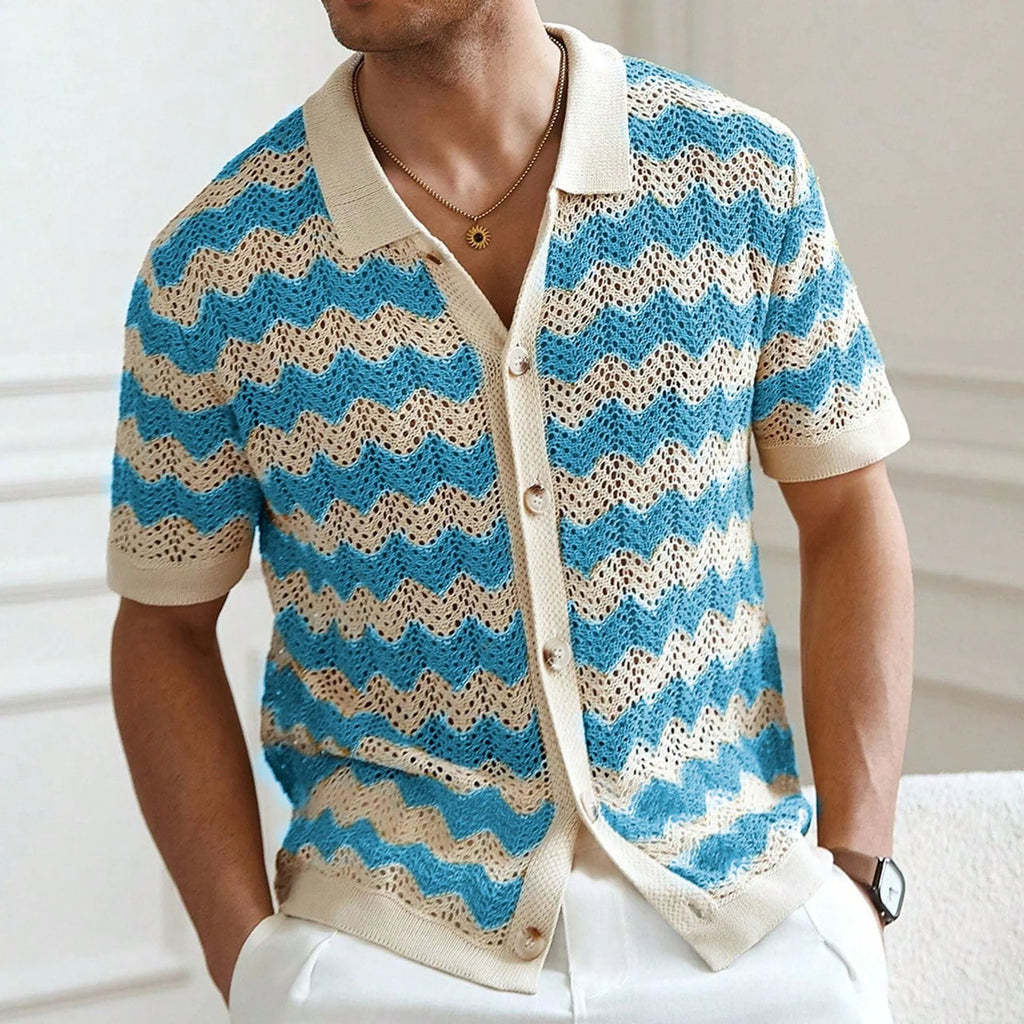 Yellow short sleeve sweater with hollow jacquard corrugated texture and flocking detailing on a hanger.
