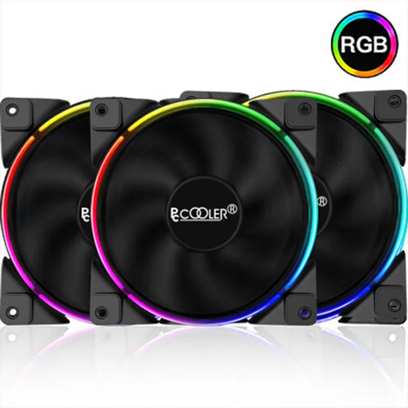 Three black 120mm PC cooling fans with illuminated RGB blades on a dark background.