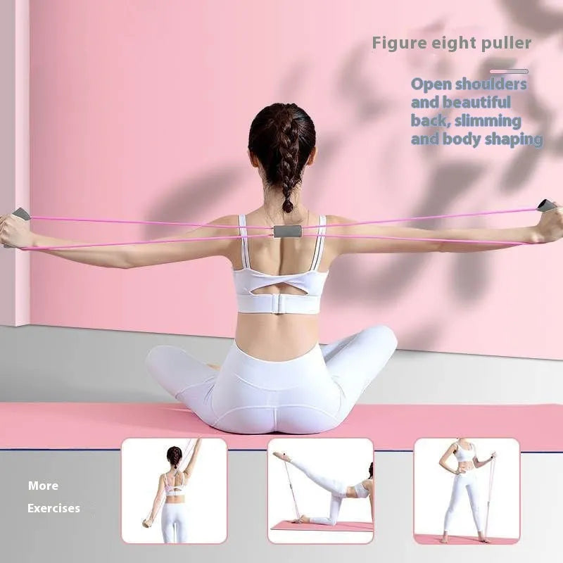 Four-piece yoga fitness set with leg stretcher, yoga ring, pedal puller, and figure-eight tension rope.