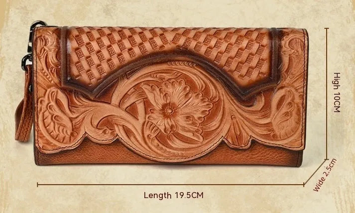 Women's brown embossed floral pattern tri-fold cowhide leather wallet showing interior compartments