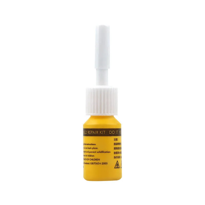 Yellow three-piece car glass repair tool set with resin bottle for windshield crack repair