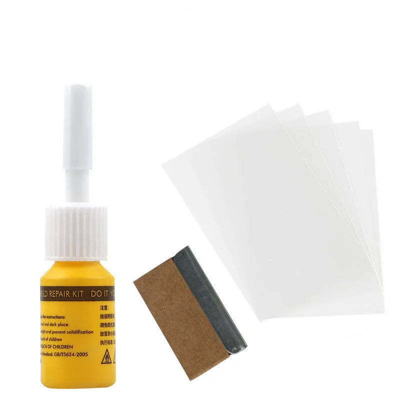 Yellow three-piece car glass repair tool set with resin bottle for windshield crack repair