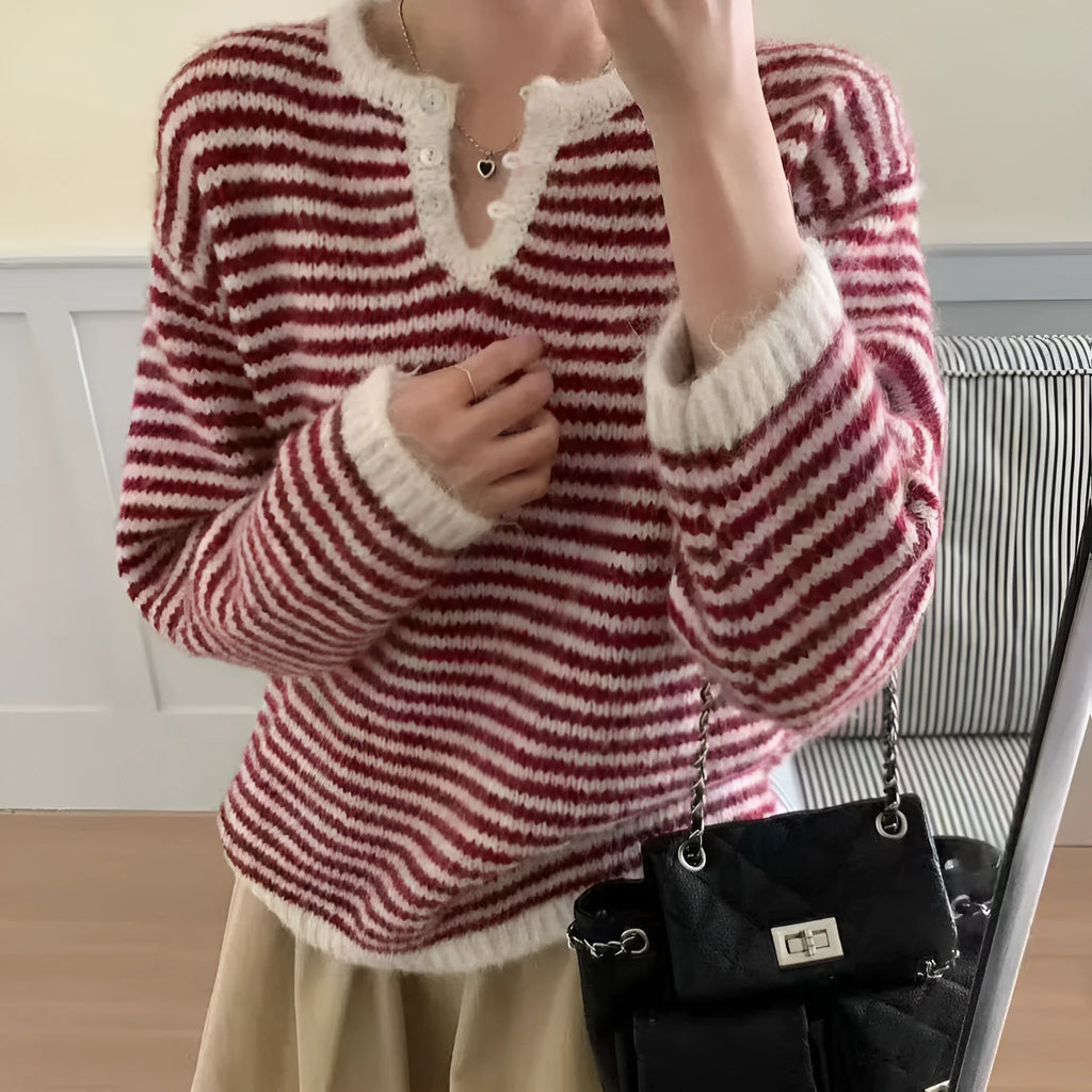 Red and blue striped cashmere pullover sweater for women with loose fit and long sleeves