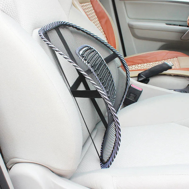 Black leather-look car lumbar support pillow measuring 41 by 39 centimetres.