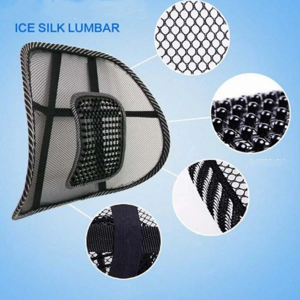 Black leather-look car lumbar support pillow measuring 41 by 39 centimetres.