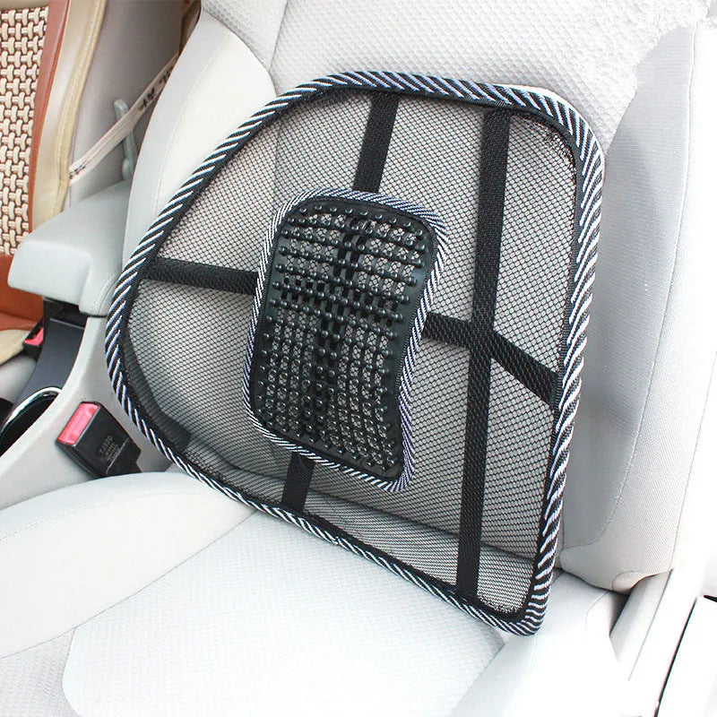 Black leather-look car lumbar support pillow measuring 41 by 39 centimetres.
