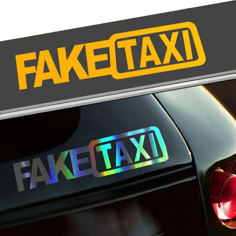FAKE TAXI car warning sticker 20x8cm in black, white, and yellow waterproof PET options