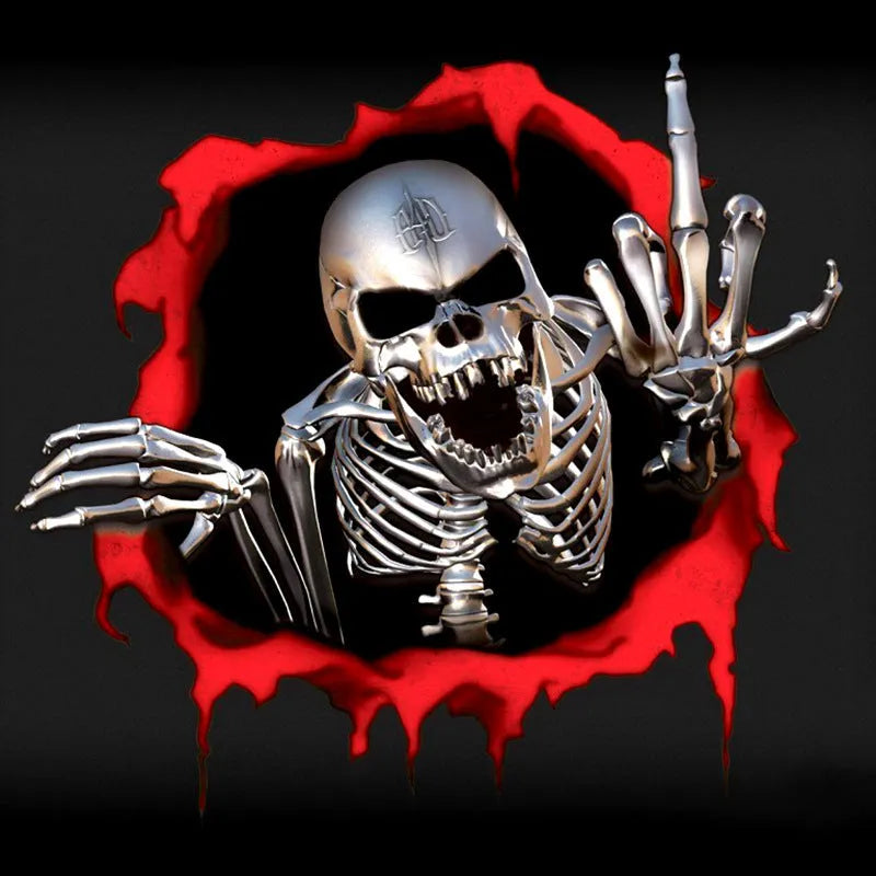 Reflective colourful broken shell metal skull car sticker on PET material, size 15x14cm.