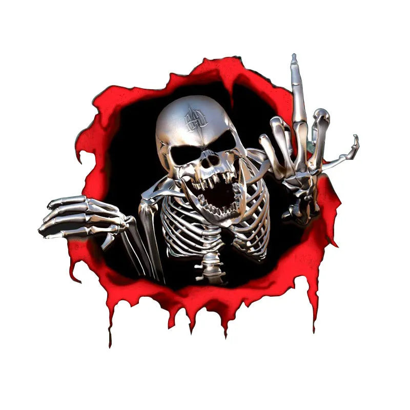 Reflective colourful broken shell metal skull car sticker on PET material, size 15x14cm.